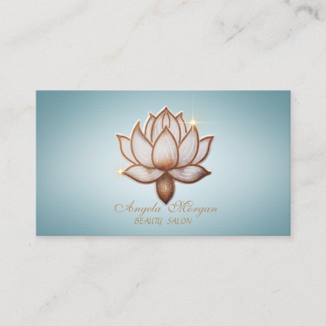 Elegant Brown Lotus Flower Blue Business Card (Front)