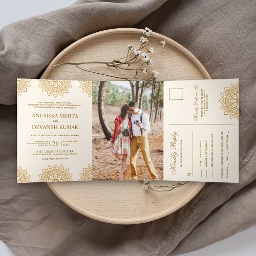 Elegant Brown Mandala Traditional Indian Wedding Tri_Fold Invitation