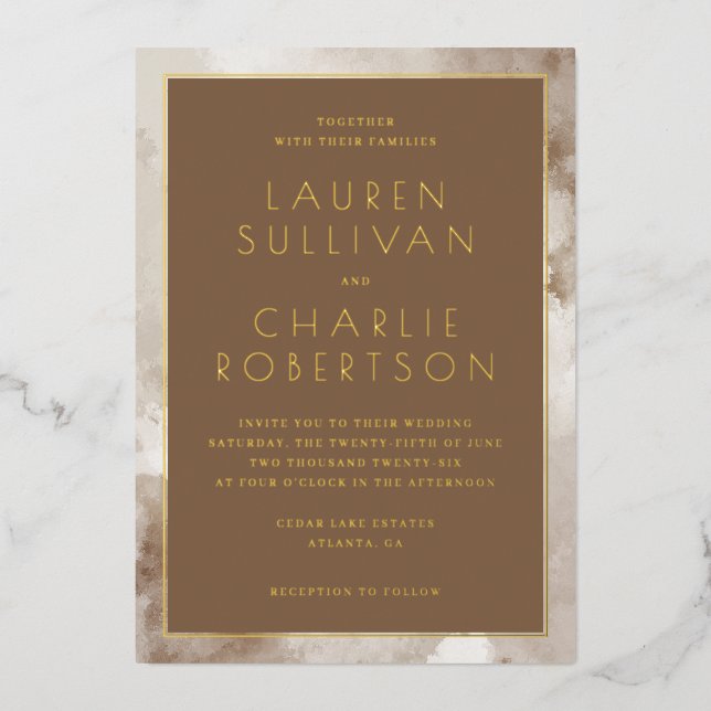 Elegant Brown Marbled Wedding Invitation Foil Invitation (Front)
