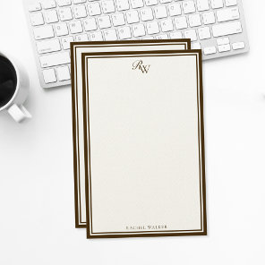 Elegant Brown Monogram Two Border Stationery