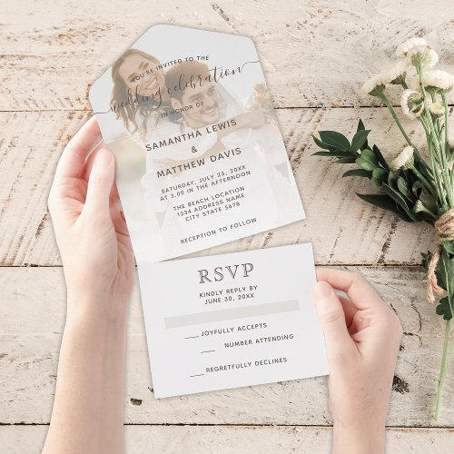 Elegant Brown Neutral Couple Photo Wedding All In One Invitation