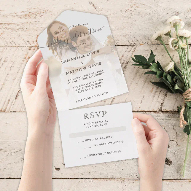 Elegant Brown Neutral Couple Photo Wedding All In One Invitation
