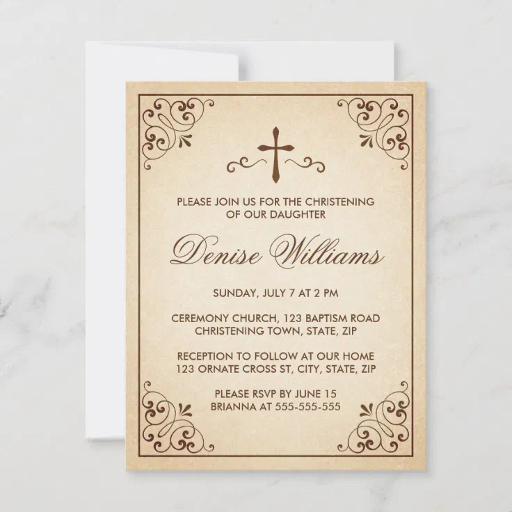 Elegant brown ornate frame christening invitation | Zazzle