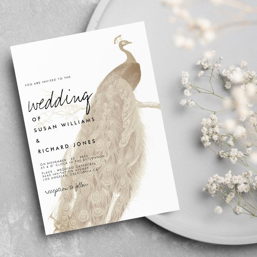 Elegant brown peacock chic calligraphy wedding invitation