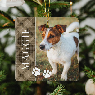 Elegant Brown Plaid Pet Name and Photo Ceramic Ornament