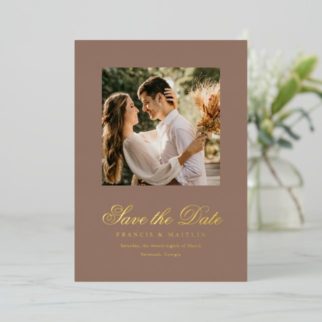 Elegant Brown Romantic Photo Wedding Save the Date Foil Invitation (Standing Front)