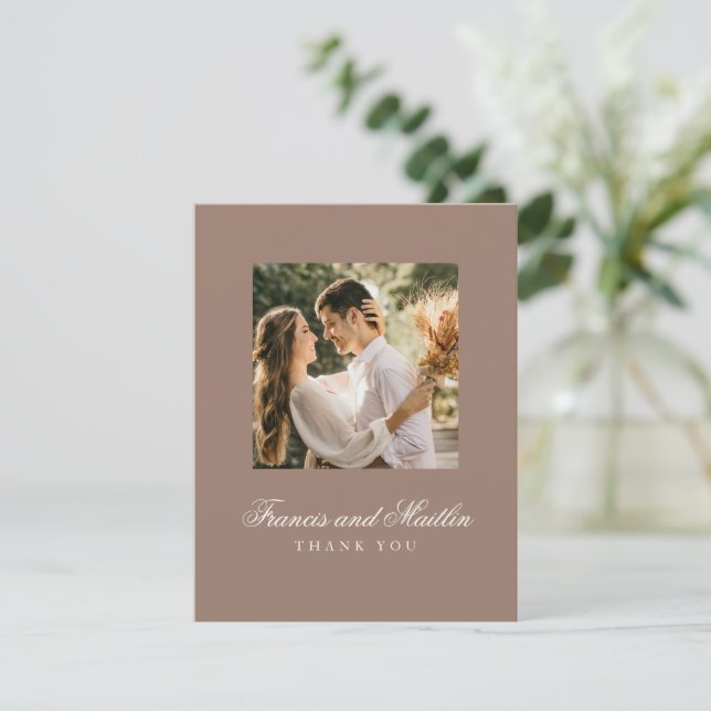 Elegant Brown Romantic Photo Wedding Thank You Card (Standing Front)