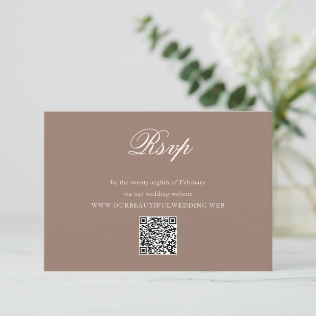 Elegant Brown Romantic QR Code Wedding RSVP Card (Standing Front)