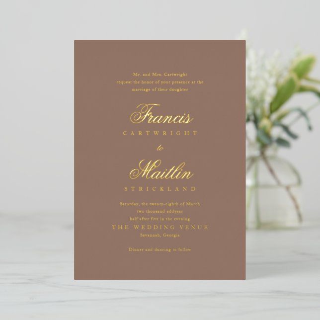 Elegant Brown Romantic Wedding Foil Invitation (Standing Front)
