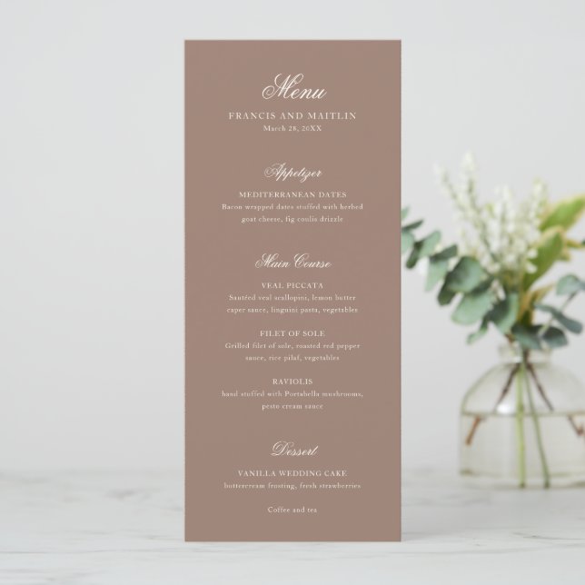 Elegant Brown Romantic Wedding Menu (Standing Front)
