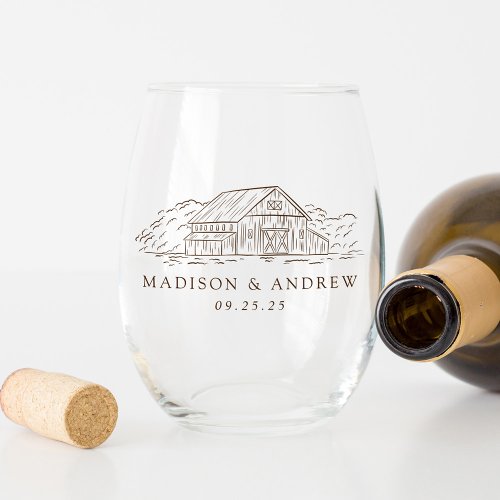 Elegant Brown Rustic Barn Personalized Wedding Stemless Wine Glass