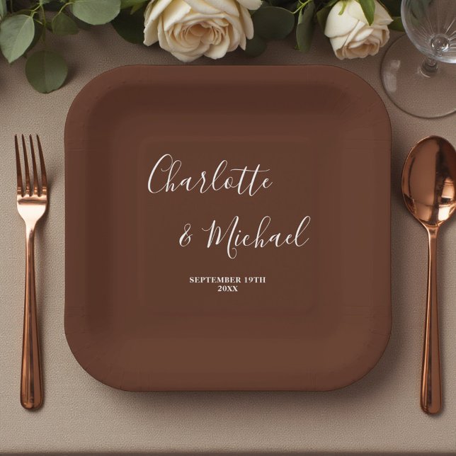 Elegant Brown Script Minimalist Wedding Paper Plates (Creator Uploaded)