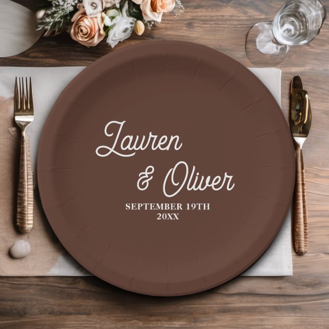 Elegant Brown Script Minimalist Wedding Paper Plates (Creator Uploaded)
