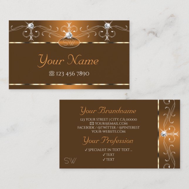 Elegant Brown Squiggles Sparkle Diamonds Monogram Business Card (Front/Back)