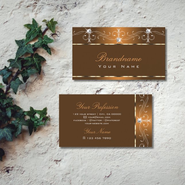 Elegant Brown Squiggles Sparkle Diamonds Ornaments Business Card (Creator Uploaded)