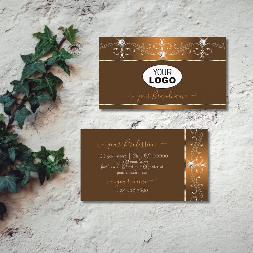 Elegant Brown Squiggles Sparkle Diamonds with Logo Business Card