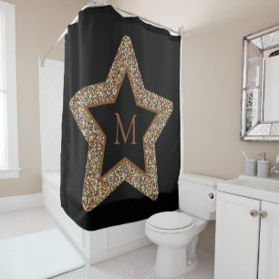Elegant brown star glitter monogram shower curtain