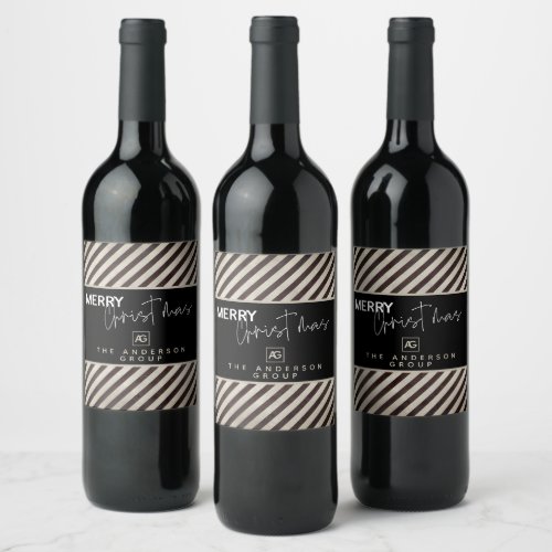 Elegant Brown Stripe Merry Christmas Business Logo Wine Label