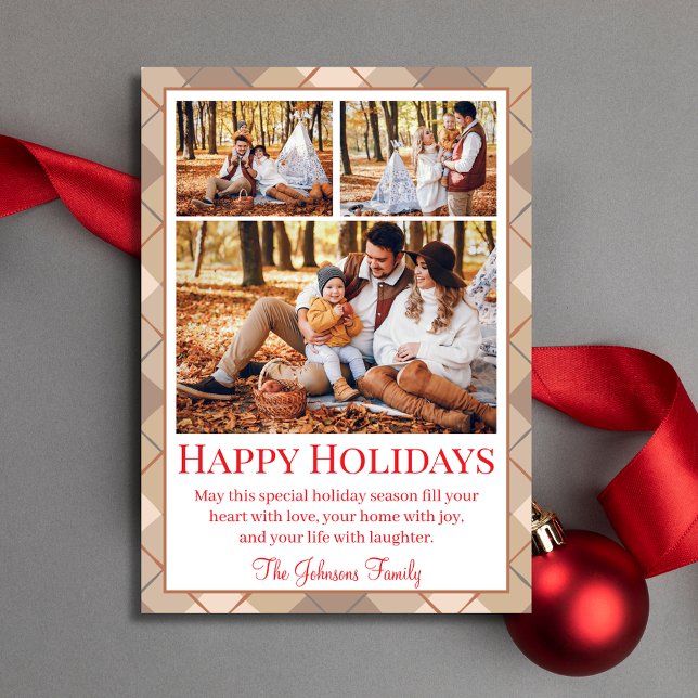 elegant brown tartan 3 family photos collage happy holiday card (Creator Uploaded)