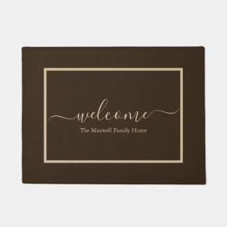 Elegant brown taupe script family name welcome doormat