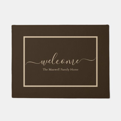 Elegant brown taupe script family name welcome  doormat