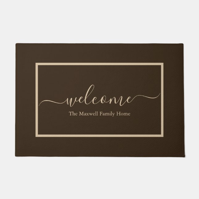 Elegant brown taupe script family name welcome  doormat (Front)
