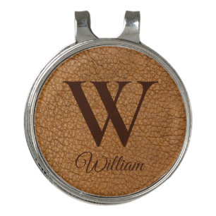 Elegant Brown Textured Leather Monogram Bottle Ope Golf Hat Clip