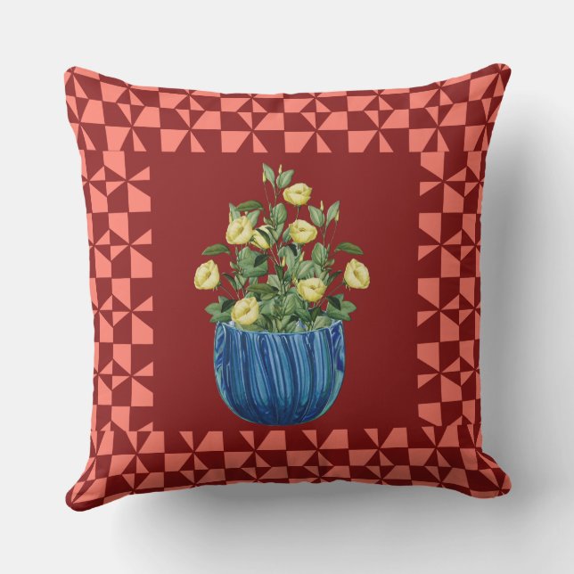 Elegant Brown Throw Pillow with Blue Floral Vase. (Back)