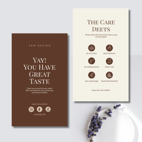 Elegant Brown Tumbler Care Card Instruction Insert