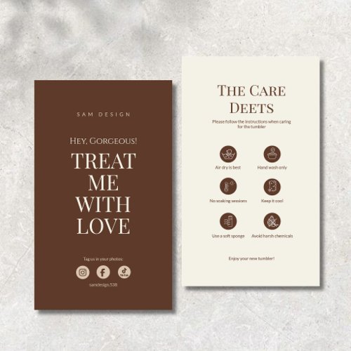 Elegant Brown Tumbler Care Card Instruction Insert