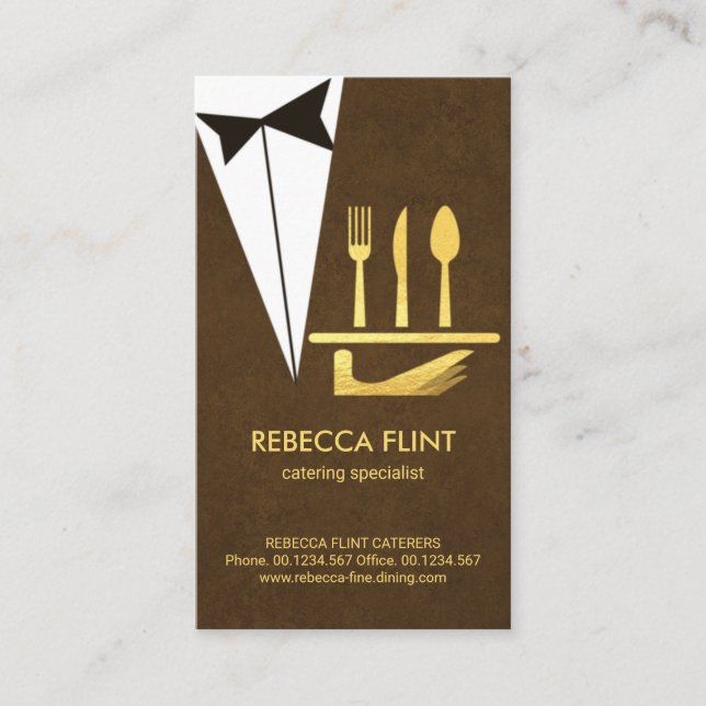 Elegant Brown Tuxedo Serving Plate Cutlery Business Card (Front)