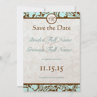 Elegant Brown Vintage Damask on Light Aqua Blue Invitation