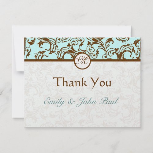 Elegant Brown Vintage Damask on Light Aqua Blue Thank You Card