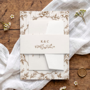 Elegant Brown Vintage Floral Initials Wedding Invitation Belly Band