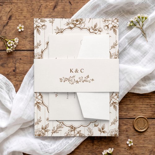 Elegant Brown Vintage Floral Initials Wedding Invitation Belly Band