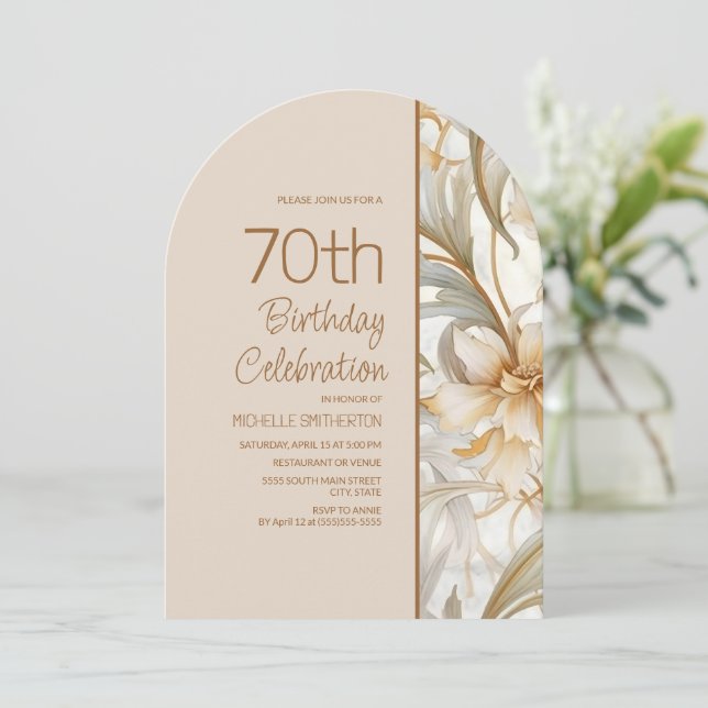 Elegant Brown Watercolor Floral Arch 70th Birthday Invitation (Standing Front)