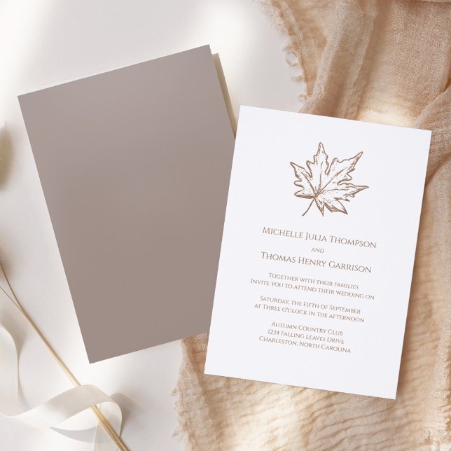Elegant Brown Wedding Botanical Leaves Invitation (Elegant and simple wedding letterpress invitations.)