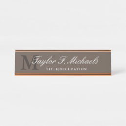 Elegant Brown White Monogram &amp; Name Desk Name Plate