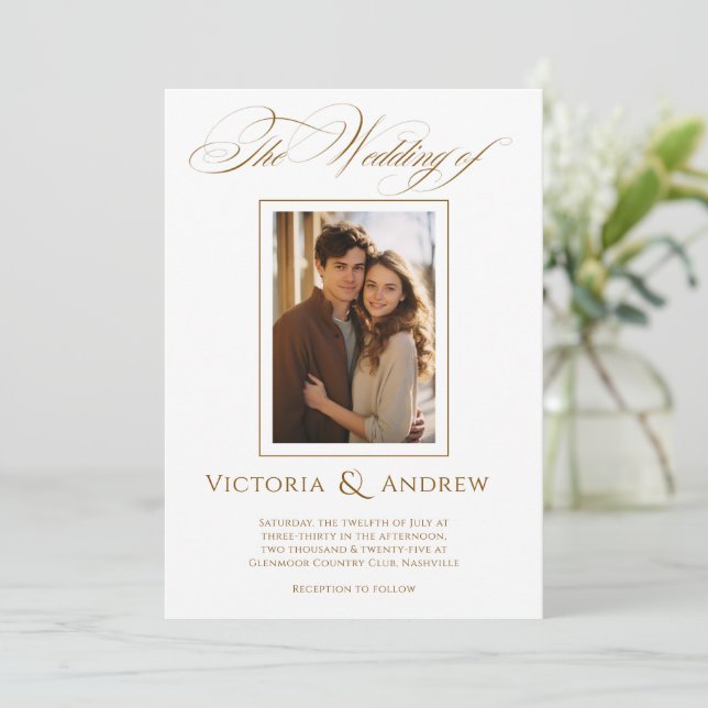 Elegant Brown & White Wedding Invitation & Photo (Standing Front)