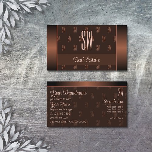 Elegant Brown with Initials Pattern Professional Business Card
