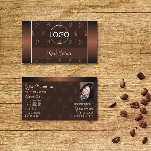 Elegant Brown with Logo Photo and Monogram Pattern Business Card