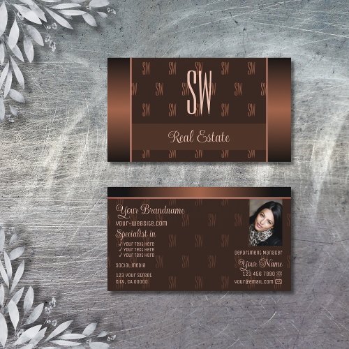 Elegant Brown with Photo and Chic Monogram Pattern Business Card