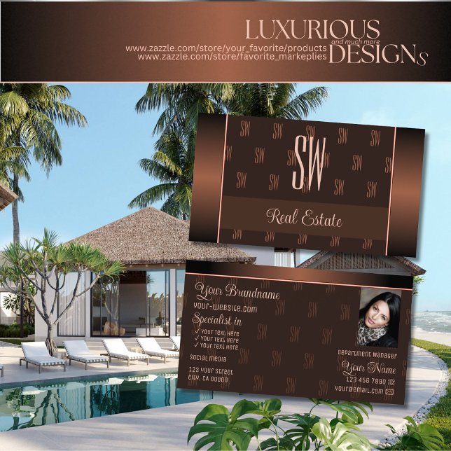 Elegant Brown with Photo and Chic Monogram Pattern Business Card (Creator Uploaded)