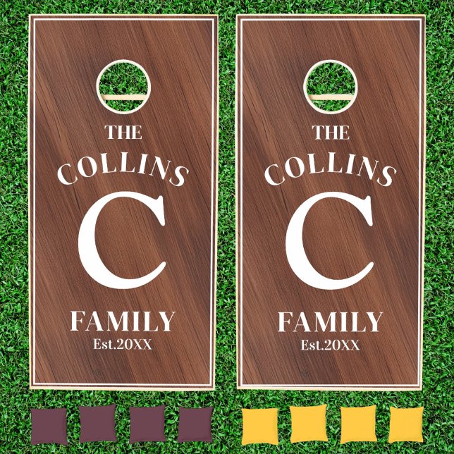 Elegant Brown Wood Grain Family Name Monogram Cornhole Set (Creator Uploaded)