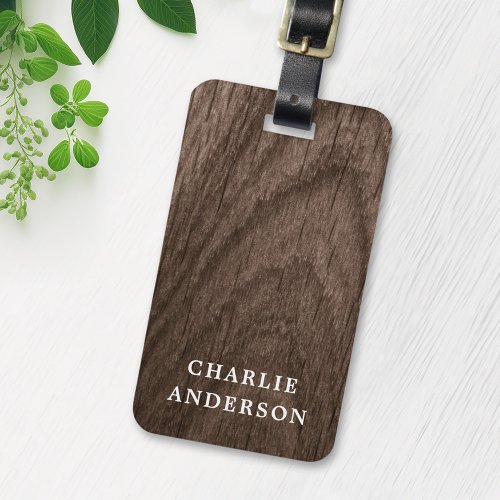 Elegant brown wood look custom name luggage tag