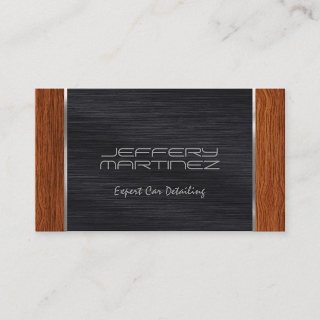 Elegant Brown Wood, Metallic Black & Silver Business Card (Front)