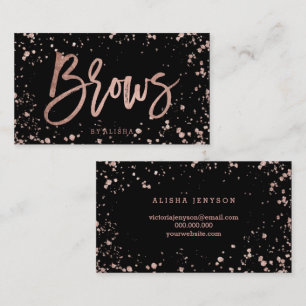 Elegant brows script rose gold confetti splatters business card