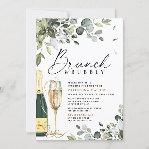 Elegant Brunch and Bubbly Bridal Shower Greenery Invitation - Design features mixed watercolor greenery that consists of eucalyptus, botanical olive branches, and more. Foliage is styled in various shades of sage, emerald and light green.  A watercolor champagne flute and emerald green and gold bottle compliments the theme.