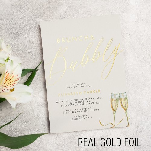 Elegant brunch and bubbly champagne ivory gold foil invitation