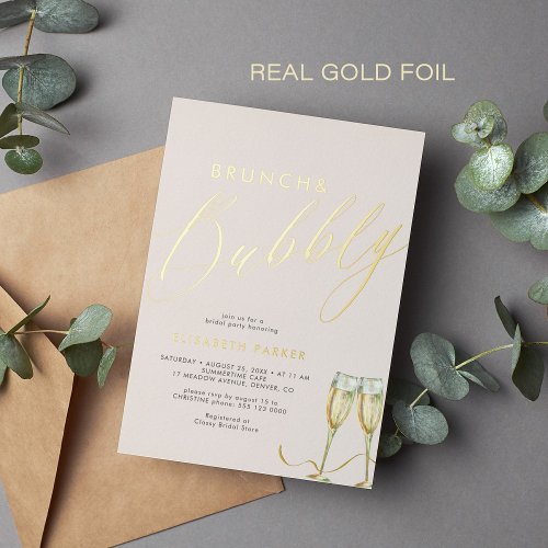 Elegant brunch and bubbly champagne pink gold foil invitation